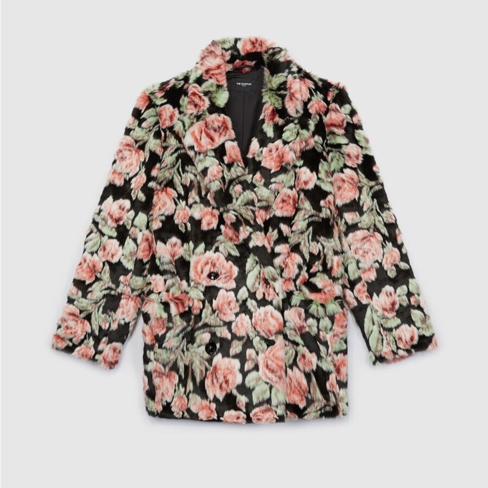 NWOT! The Kooples Neon Rose Floral-Print Faux-Fur Coat - Picture 2 of 13